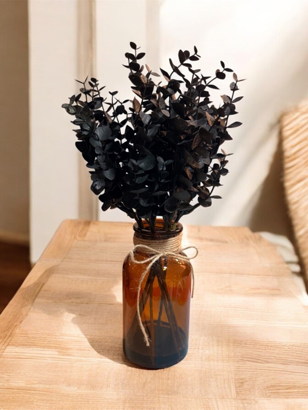 Amber Glass Vase with Faux Eucalyptus Stems Rustic Farmhouse Home Decor